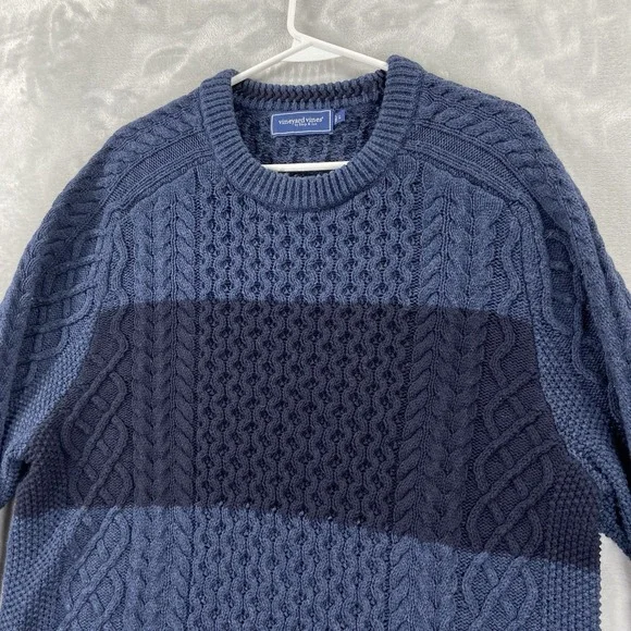 Vineyard Vines Sweater men's Large Chunky Knit Merino Wool Cotton Crew Neck Blue - Picture 2 of 11